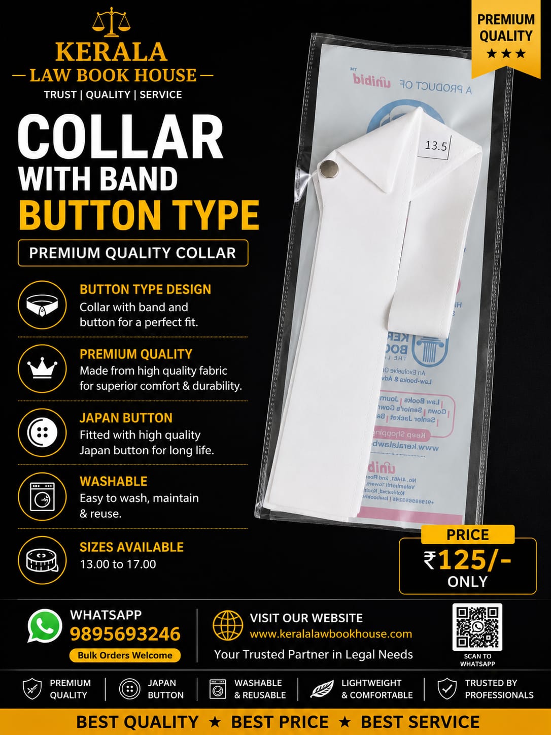 Ladies collar with band Normal button type(white) at all Sizes